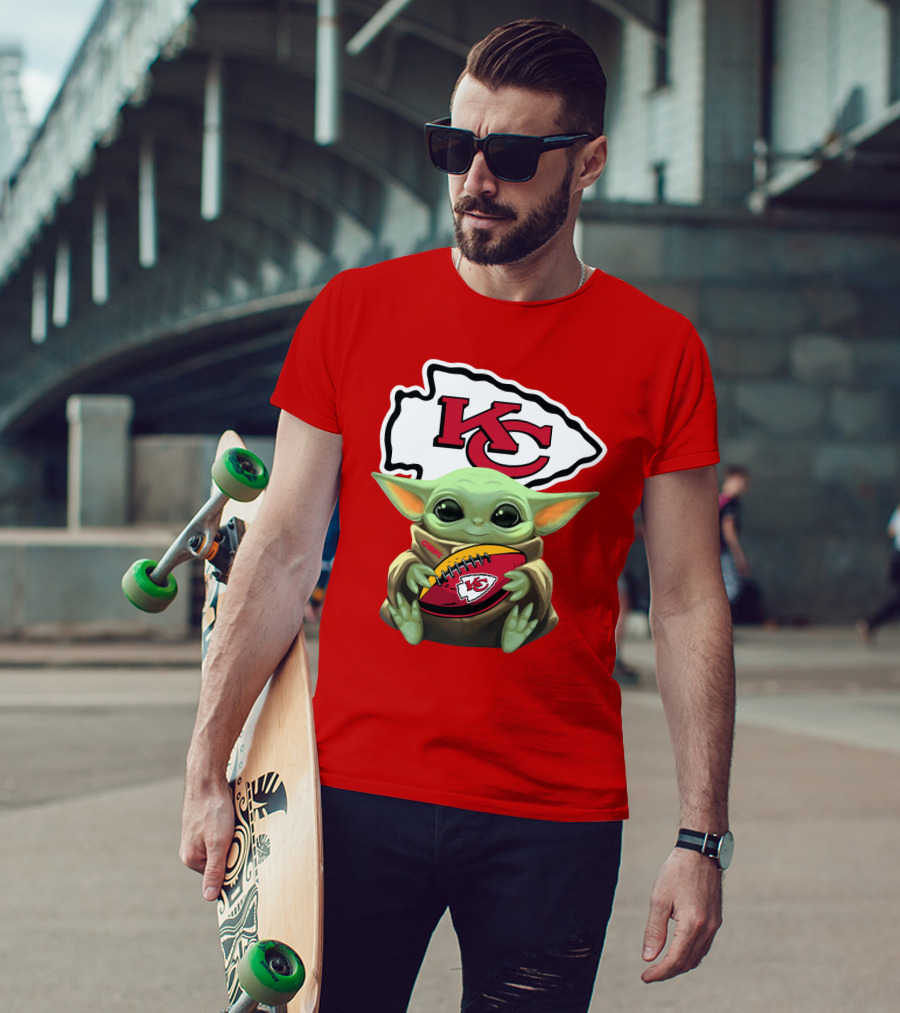 Baby Yoda Holds Kansas City Chiefs Football T-Shirt