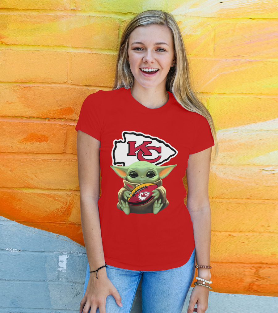 Babyyoda Holding Kansas City Chiefs Football T-Shirt