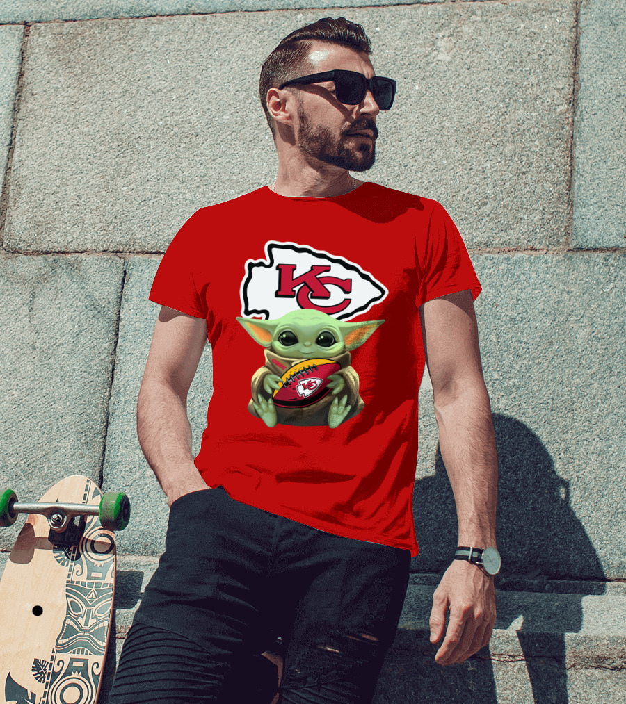 Babyyoda Holding Kansas City Chiefs Football T-Shirt