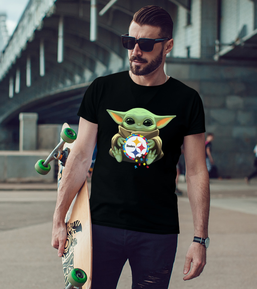Baby Yoda Holding Steelers Autism Puzzle T-Shirt