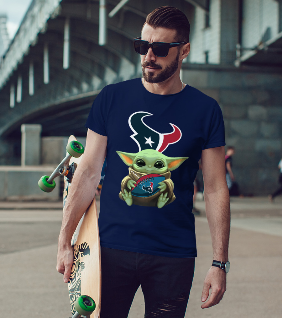 Baby Yoda Holding Houston Texans Football T-Shirt