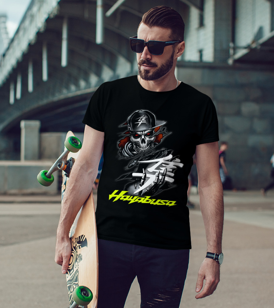Hayabusa Skeleton In Cap With Kanji Symbol And Claws T-Shirt