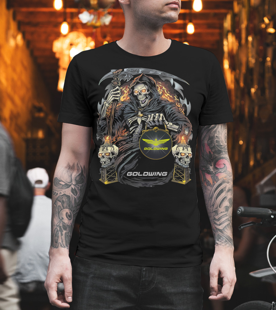 Goldwing Grim Reaper Holding Lantern With Flaming Skulls T-Shirt