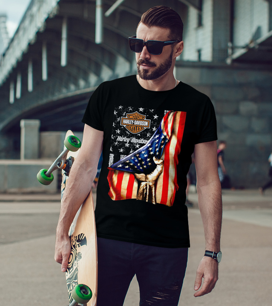 Harley Davidson American Flag Hand Motorcycle Cycles T-Shirt