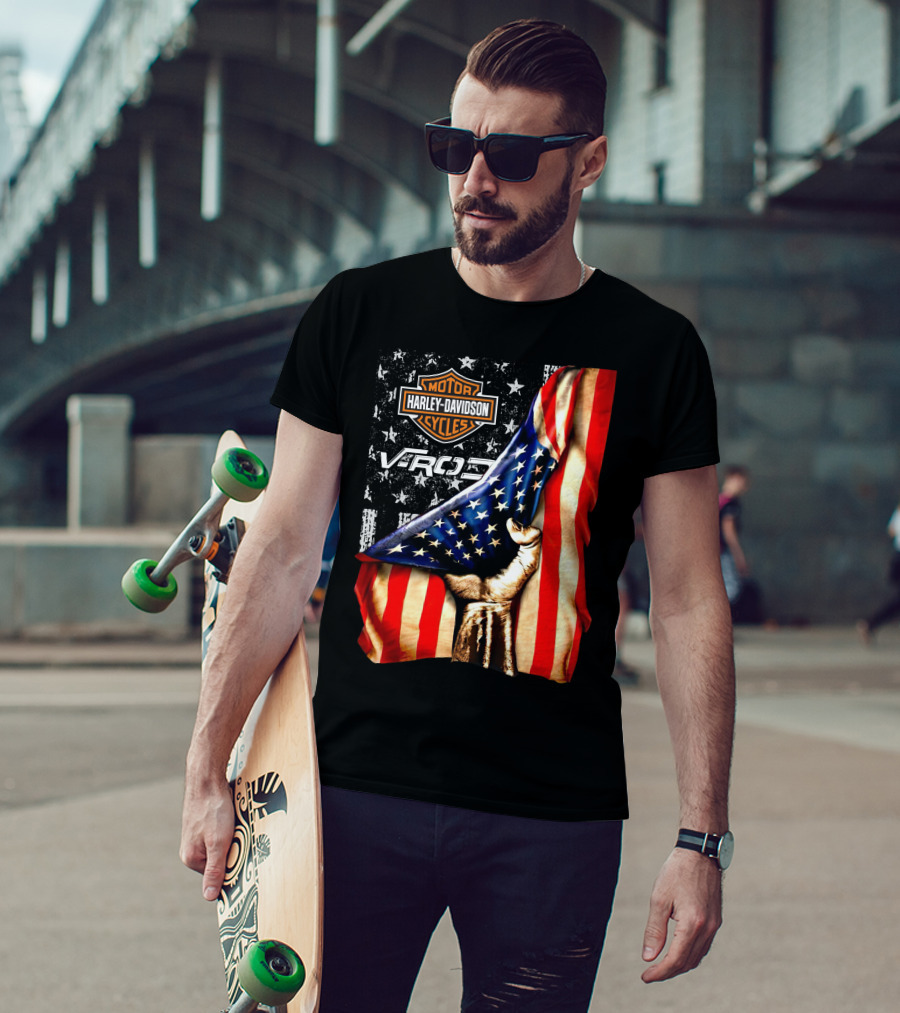 Harley Davidson Motor Cycles Vrod 12 American Flag Fist T-Shirt