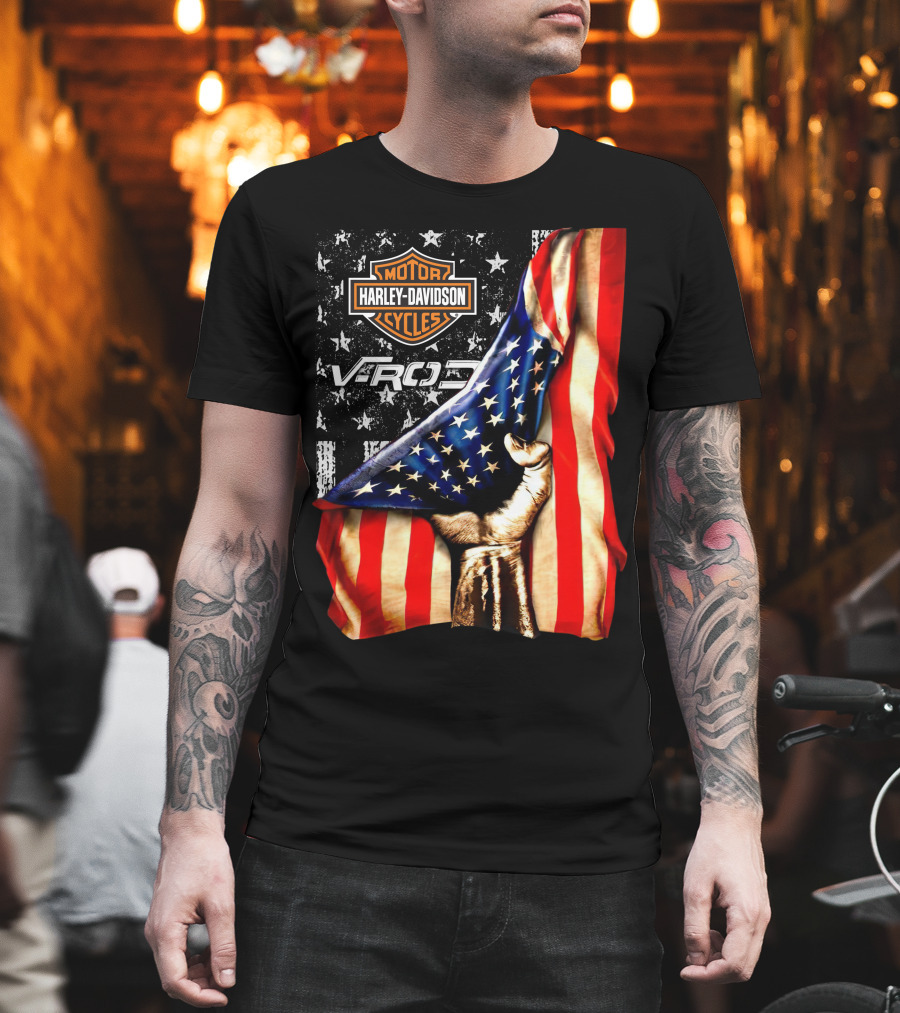 Harley Davidson Motor Cycles Vrod 12 American Flag Fist T-Shirt