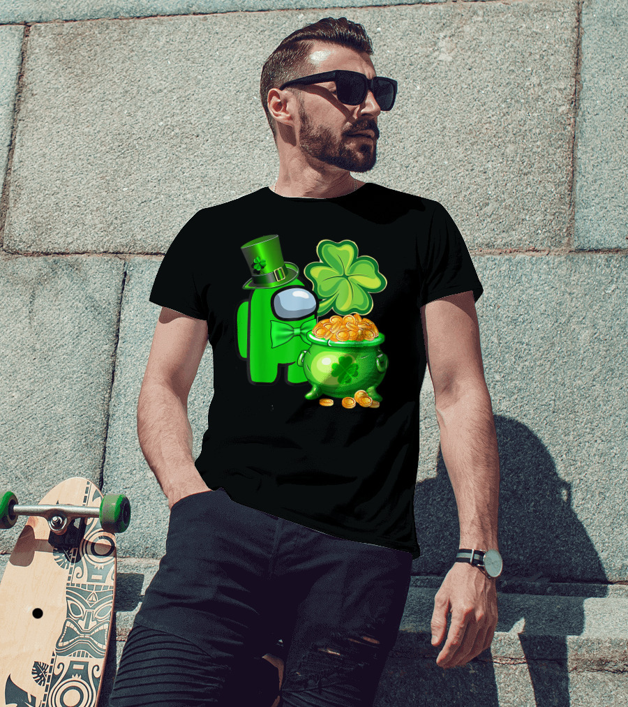 Among Us Green Character With Shamrock Hat And Pot Of Gold St Patrick's Day T-Shirt