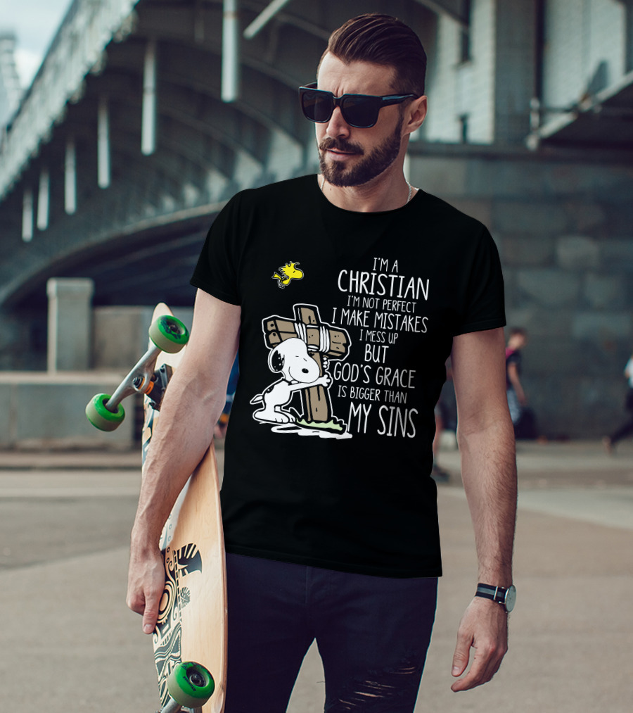 I'm A Christian God's Grace Bigger Than My Sins Snoopy Hugging Cross T-Shirt