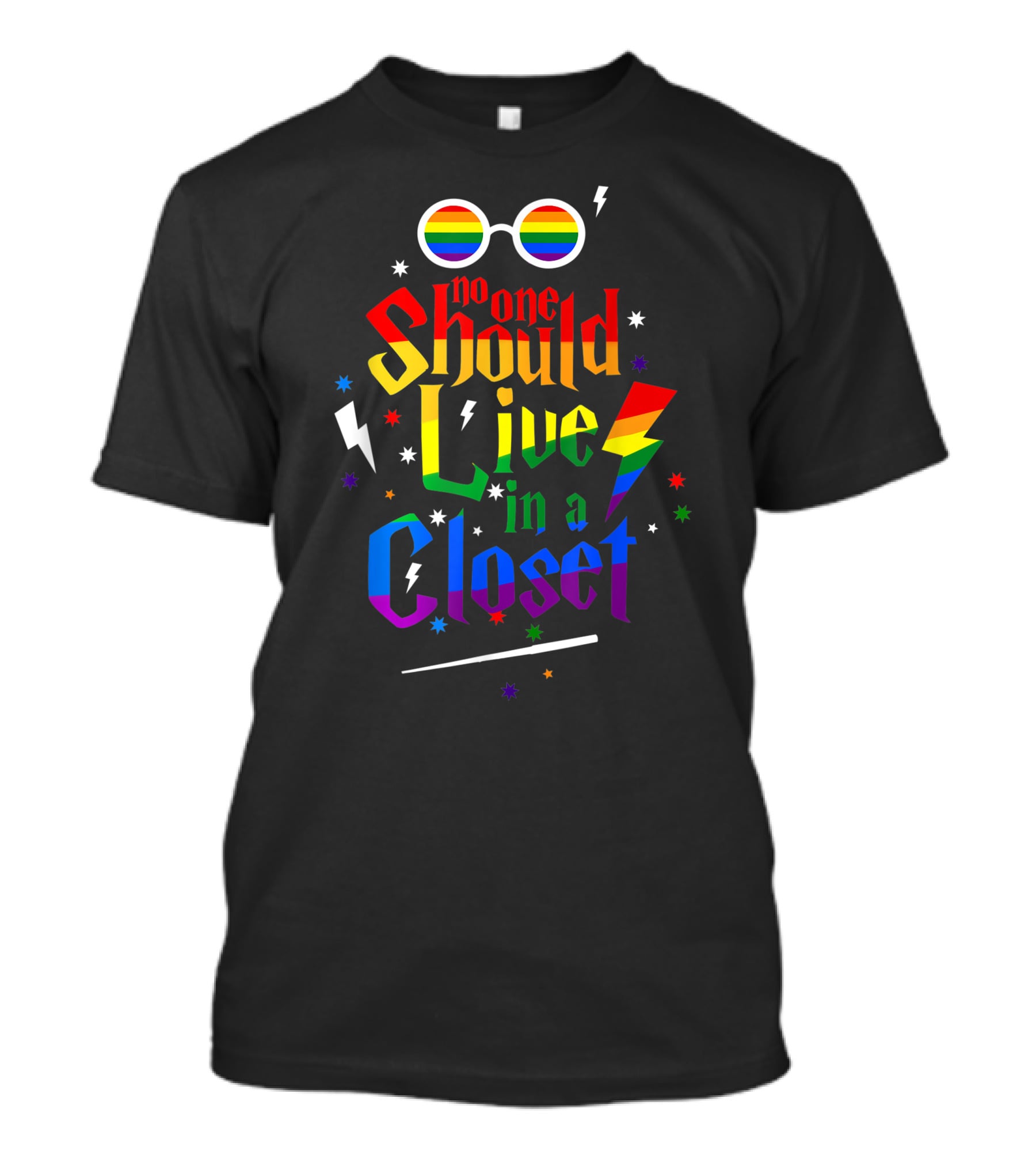 Pride Rainbow Glasses Lightning Quote No One Should Live In A Closet T-Shirt