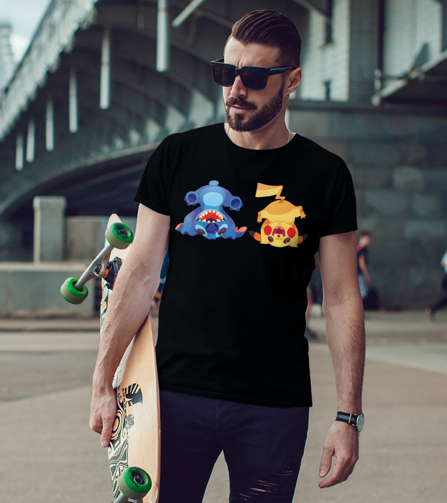 Upside Down Stitch And Pikachu Art T-Shirt