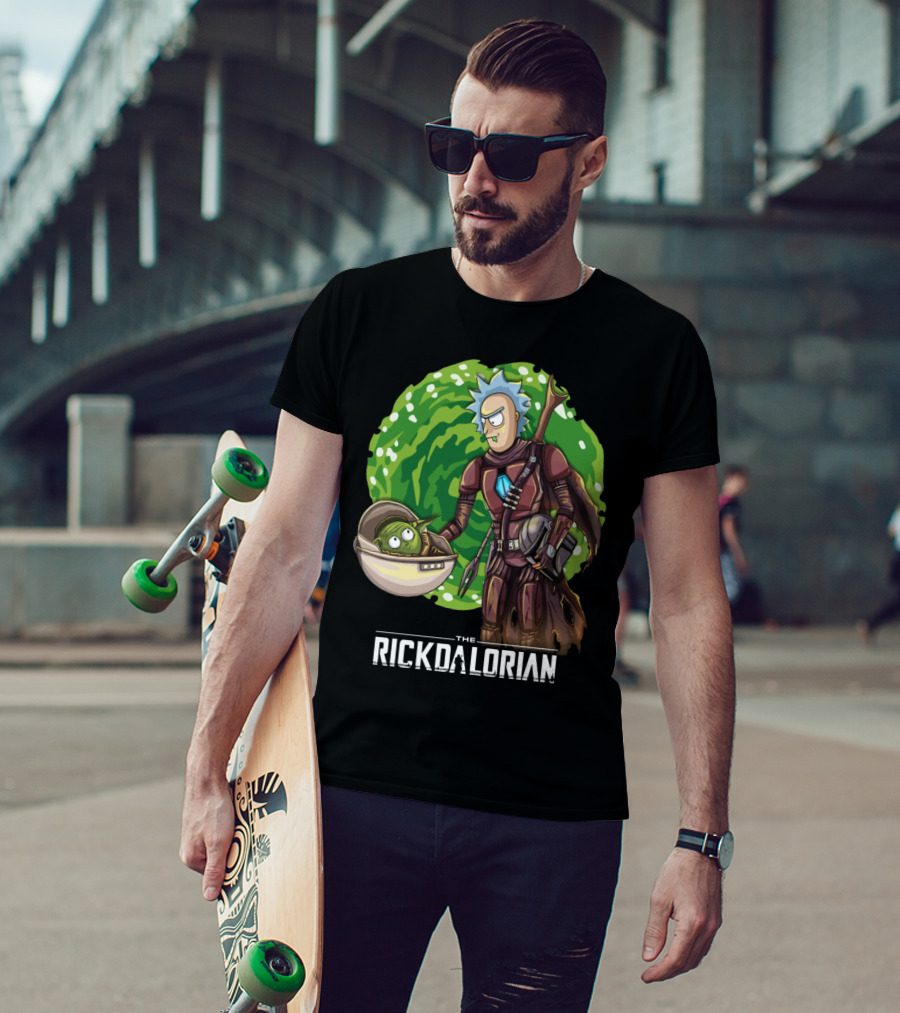 The Rickdalorian With Green Portal Background And Baby Alien Character T-Shirt