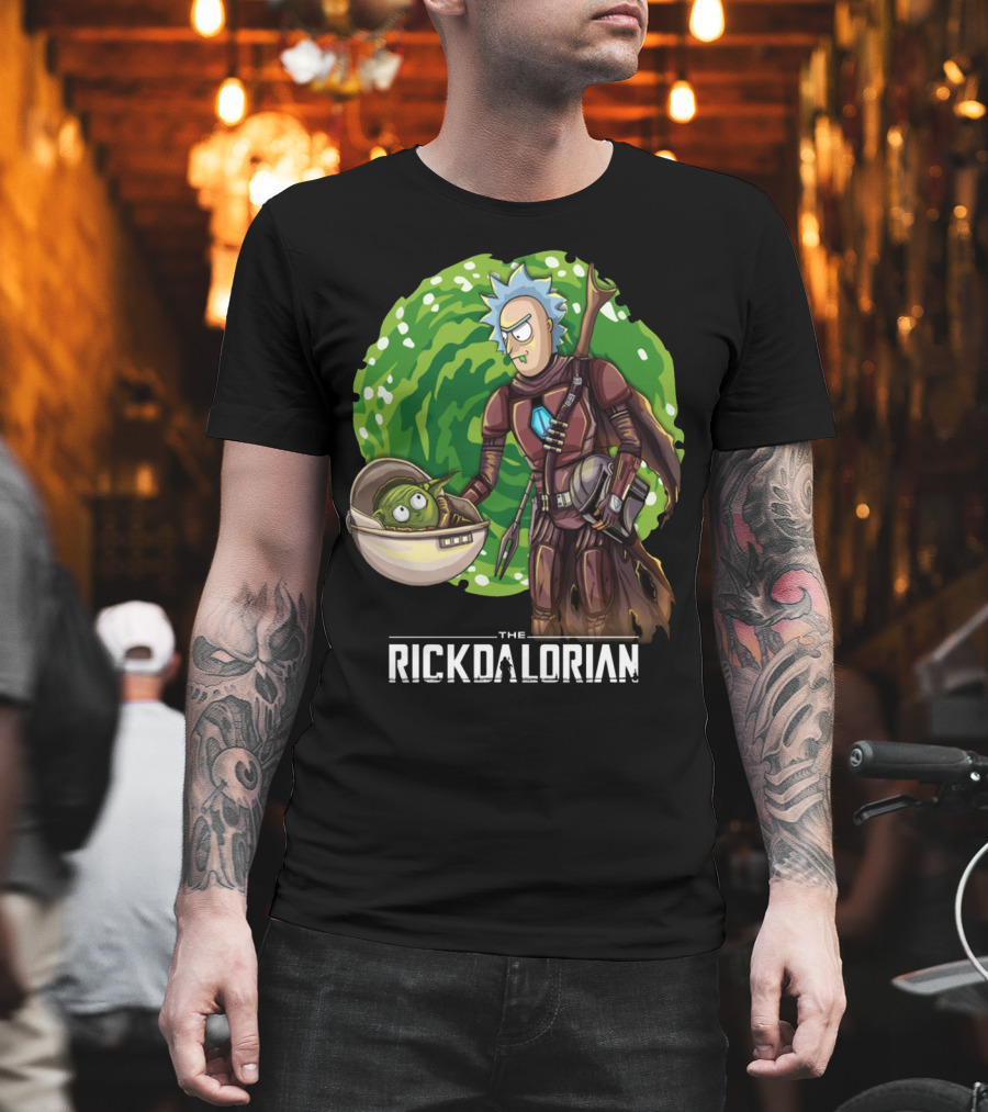 The Rickdalorian With Green Portal Background And Baby Alien Character T-Shirt