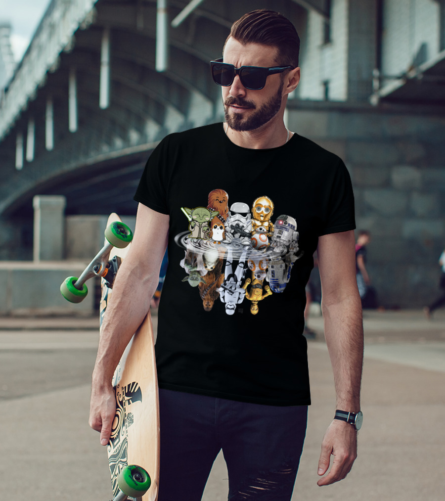 Stars War ZN234 Cute Character Reflection R2D2 Stormtrooper Yoda Chewbacca C3PO BB8 T-Shirt