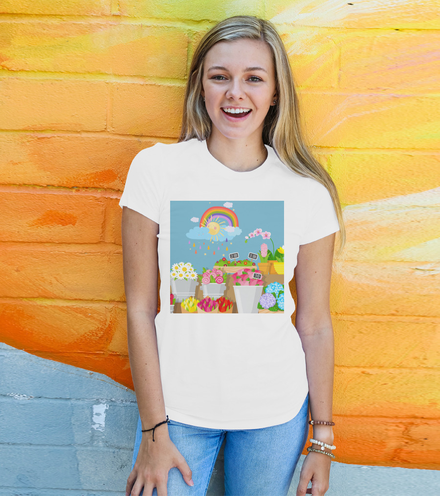 April Showers Brings May Flowers Rainbow And Colorful Blooms Scene T-Shirt