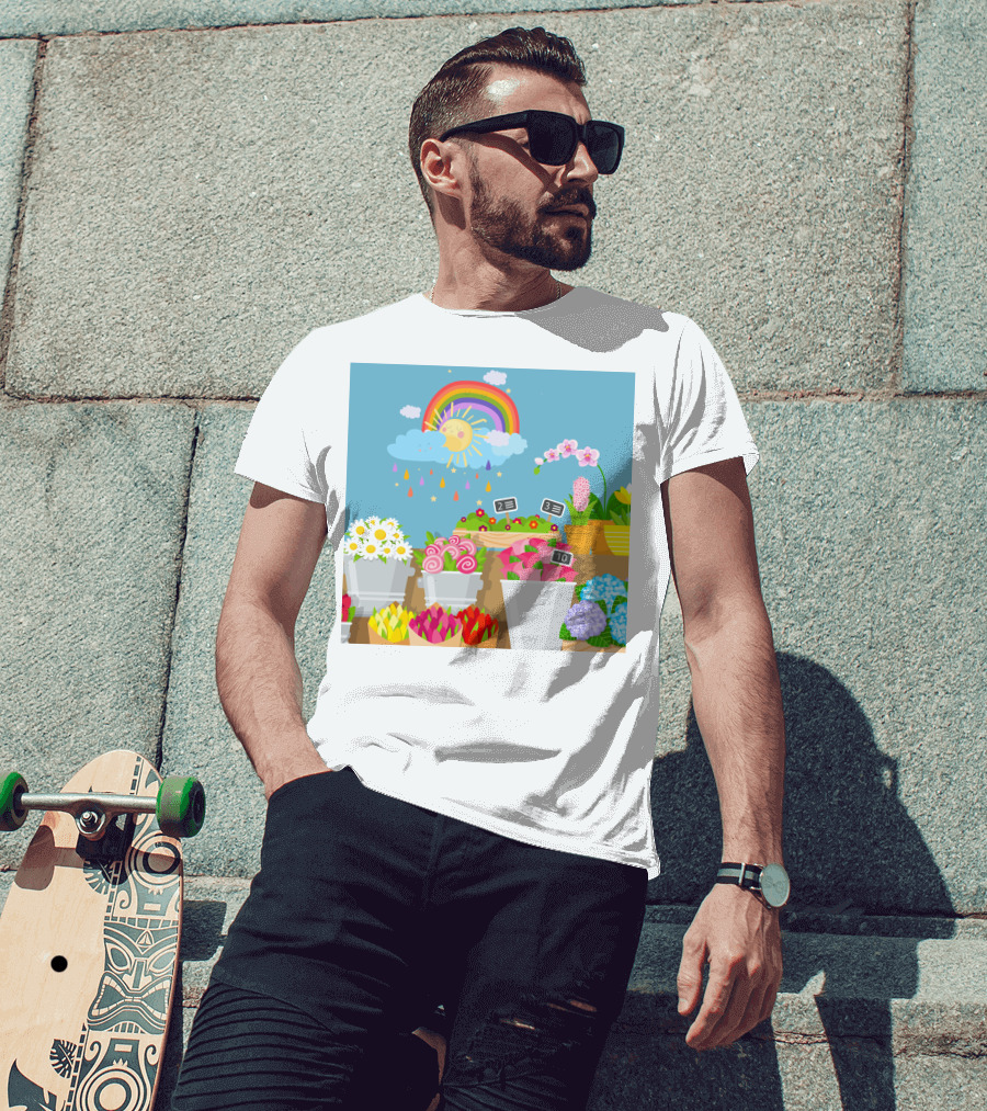 April Showers Brings May Flowers Rainbow And Colorful Blooms Scene T-Shirt