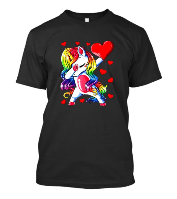 Rainbow Dabbing Unicorn Heart Valentines Day Girls T-Shirt