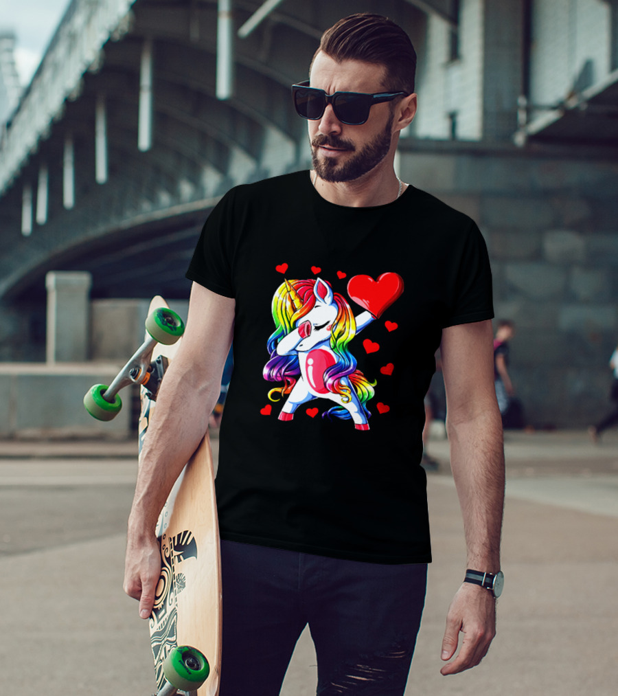 Rainbow Dabbing Unicorn Heart Valentines Day Girls T-Shirt