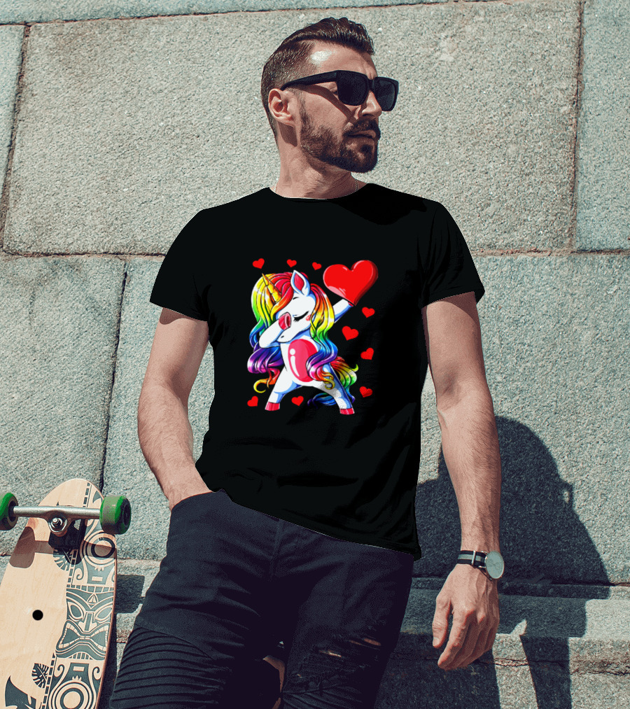 Rainbow Dabbing Unicorn Heart Valentines Day Girls T-Shirt