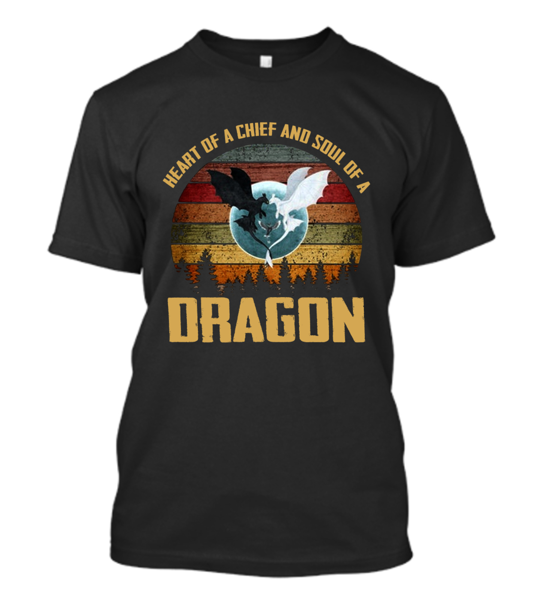 Heart Of A Chief And Soul Of A Dragon With Silhouette Of Two Dragons On Retro Stripes T-Shirt