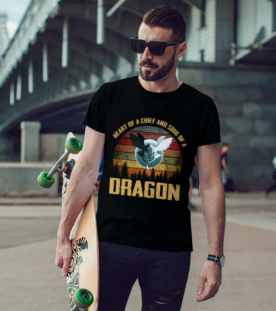 Heart Of A Chief And Soul Of A Dragon With Silhouette Of Two Dragons On Retro Stripes T-Shirt