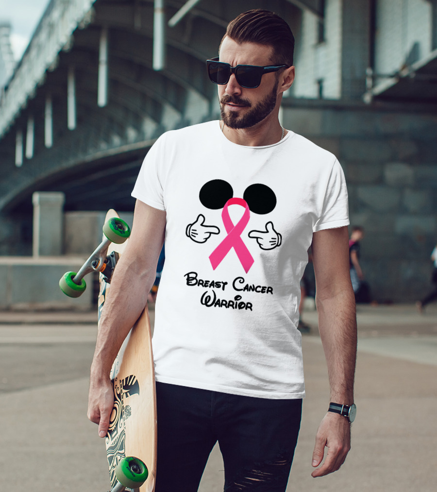 Breast Cancer Warrior With Mickey Ears And Pink Ribbon Illustrative T-Shirt