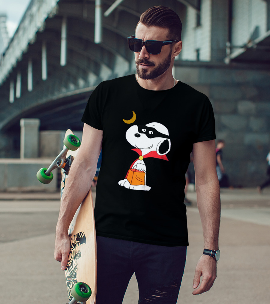 Snoopy Dressed As A Vampire Trick-or-Treating Under A Crescent Moon T-Shirt