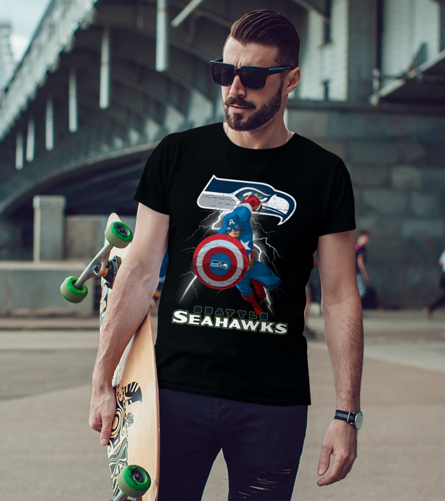 Captain America Seattle Seahawks Nfl Football Crossover Superhero Logo Lightning T-Shirt