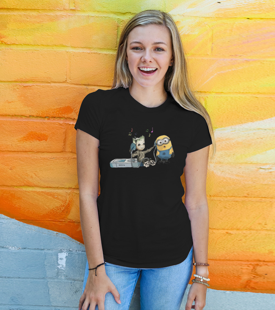 Groot And Minion Sharing Music With Headphones And Music Notes T-Shirt