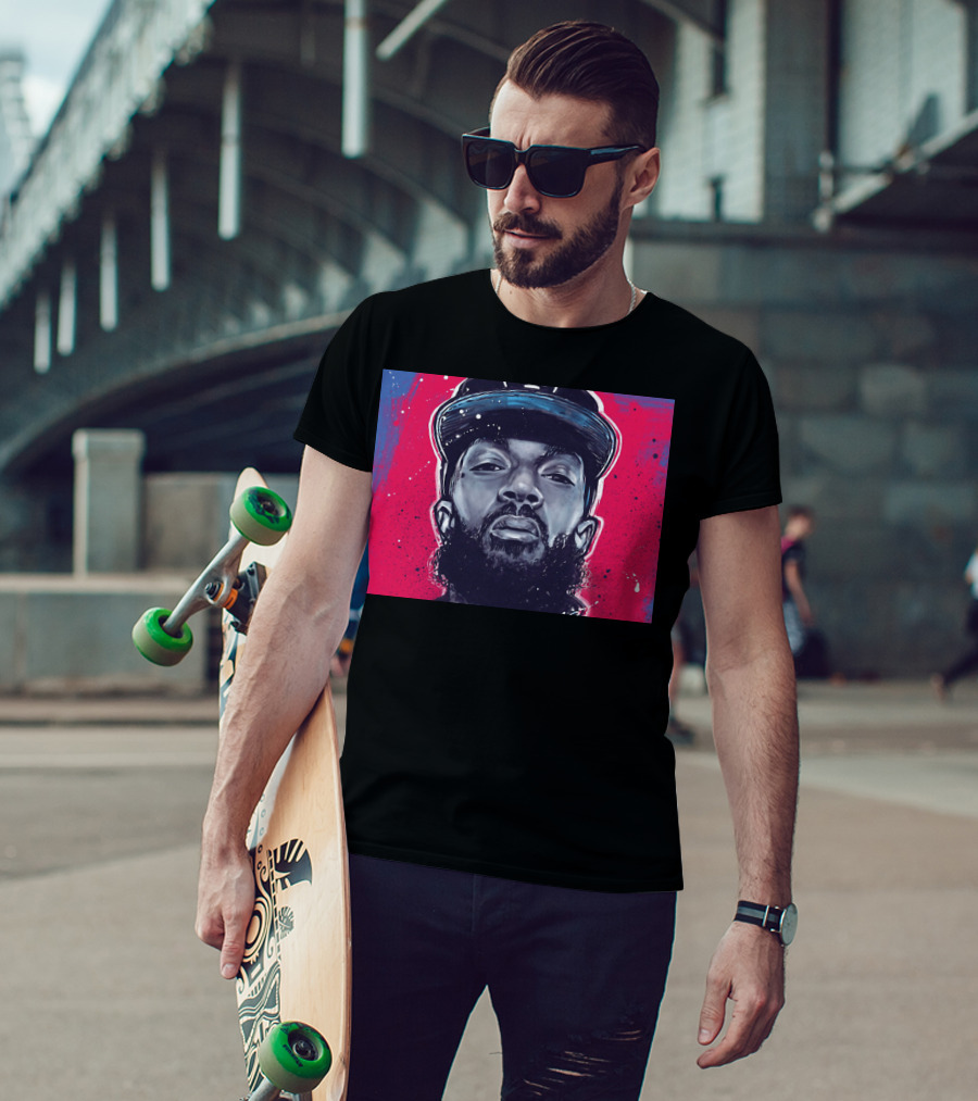Nipsey Hussle Bold Street Style Portrait With Cap And Vibrant Red Blue T-Shirt