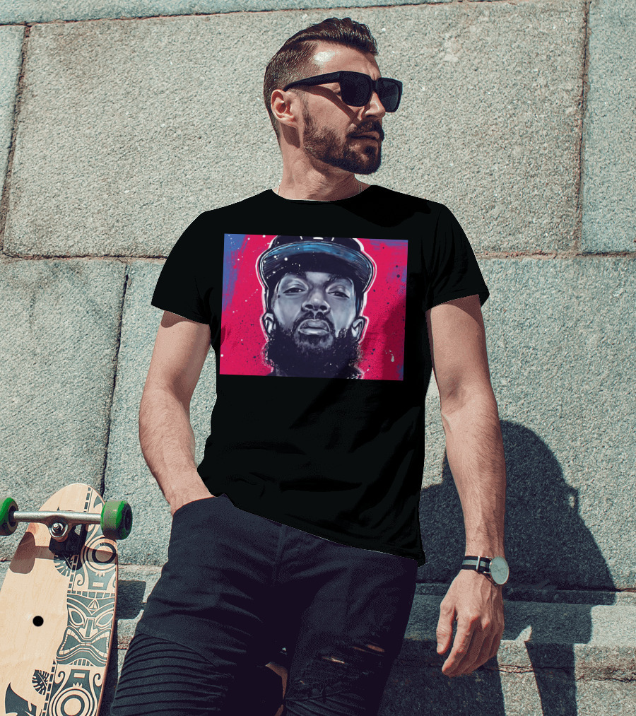 Nipsey Hussle Bold Street Style Portrait With Cap And Vibrant Red Blue T-Shirt