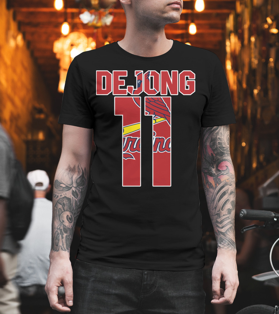St. Louis Cardinals DeJong 11 Logo with Cardinals Text and Bird T-Shirt