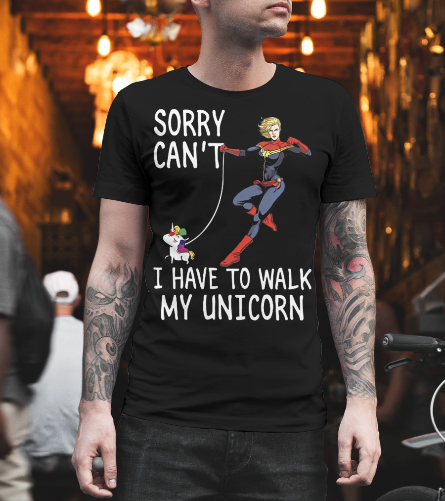 Captain Marvel Sorry Can't I Have To Walk My Unicorn T-Shirt