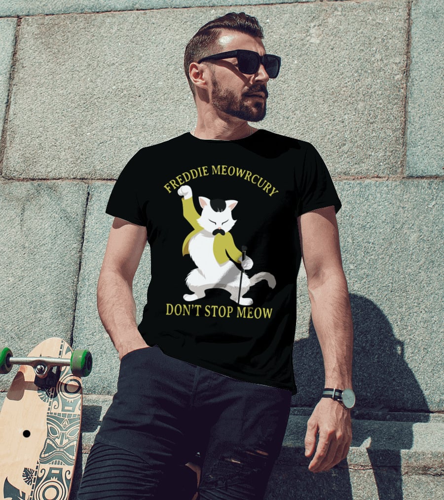 Freddie Meowrcury Don’t Stop Meow Funny Cat Parody With Iconic Pose And Yellow Jacket T-Shirt
