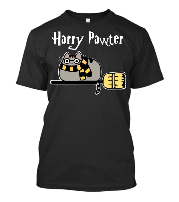 Harry Pawter Pusheen Cat On Broom With Scarf T-Shirt