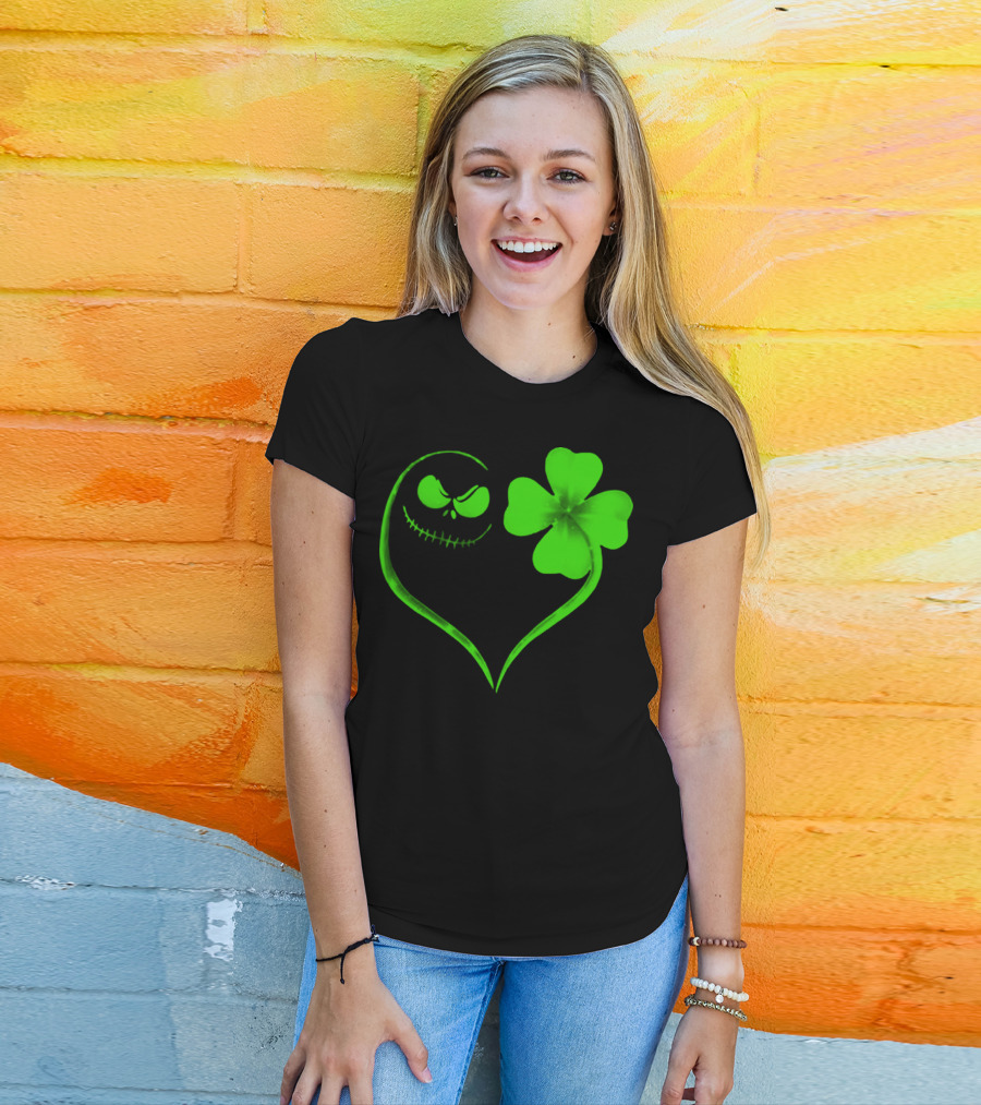 Jack Skellington Heart With Shamrock For St. Patrick's Day T-Shirt