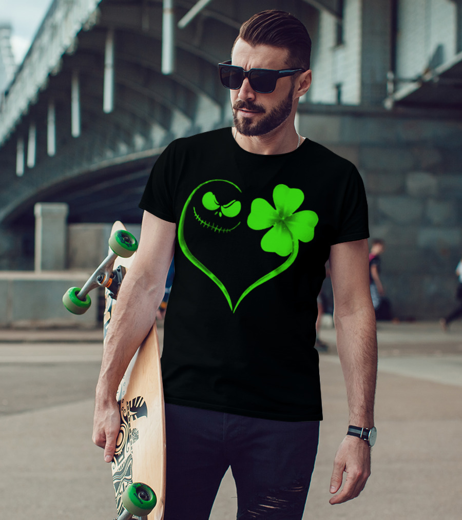 Jack Skellington Heart With Shamrock For St. Patrick's Day T-Shirt