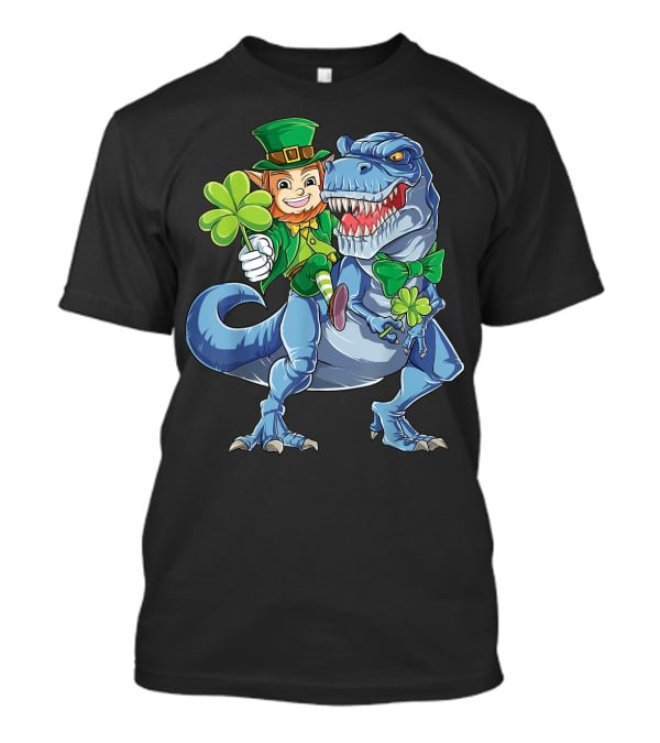 Leprechaun With Shamrock And Bowtie Riding T-Rex Dinosaur T-Shirt