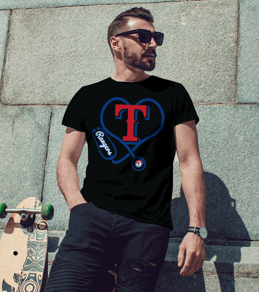 Nurse Heartbeat Texas Rangers Fans T Logo Stethoscope T-Shirt