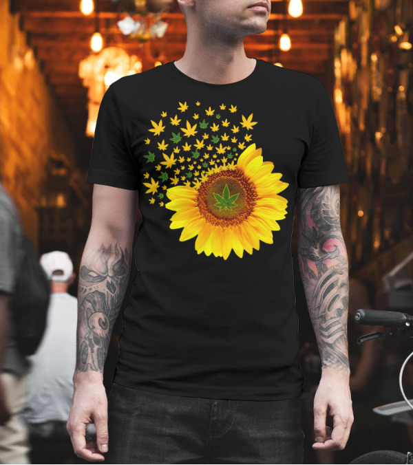 Sunflower With Dispersing Yellow and Green Weed Leaves T-Shirt Sunflower With Dispersing Yellow and Green Weed Leaves T-Shirt