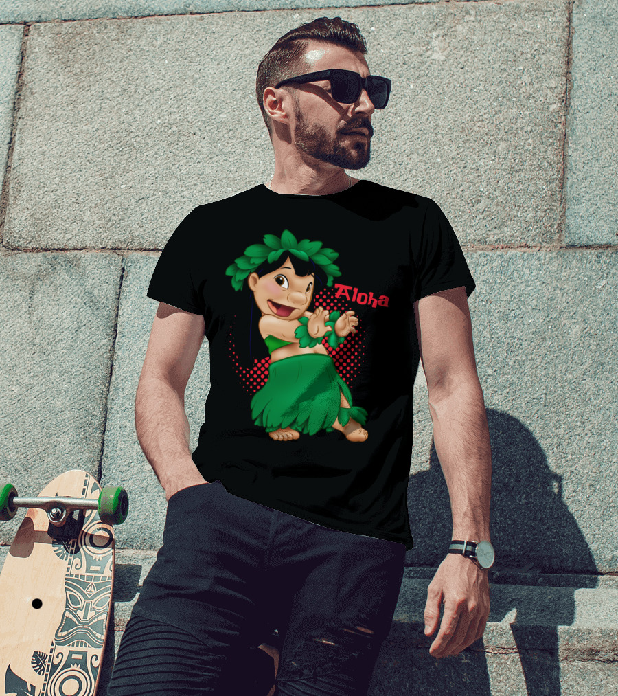 Lilo And Stitch Aloha Lilo Green Hula Dance With Red Polka Dot Background T-Shirt