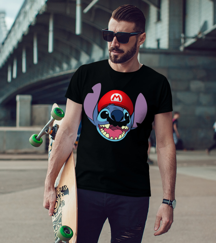 Stitch Wearing Mario Hat And Mustache Cartoon Crossover T-Shirt