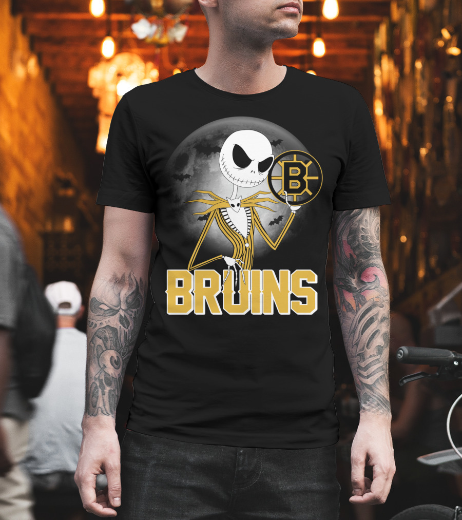 Jack Skellington Halloween Boston Bruins Moon And Bats T-Shirt