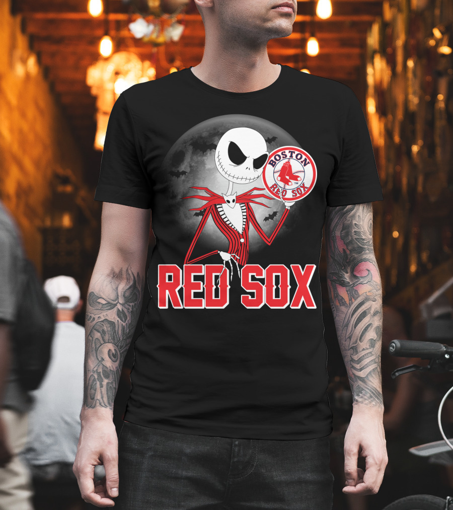 Jack Skellington Holding Boston Red Sox Logo With Halloween Moon Background T-Shirt