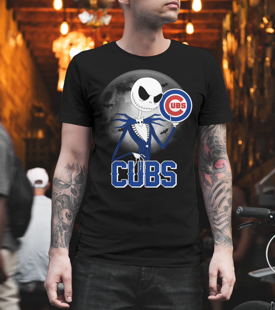 Jack Skellington Halloween Cubs Logo Fans With Full Moon And Bats T-Shirt