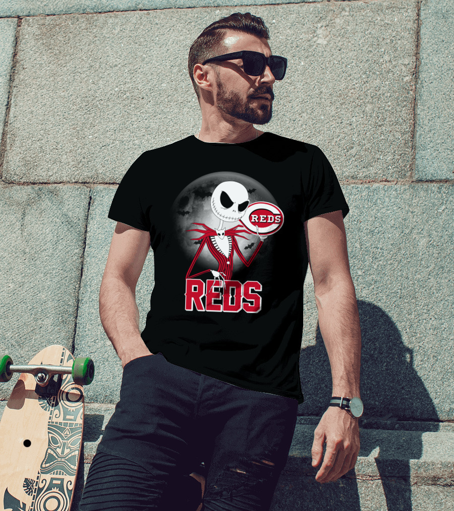 Jack Skellington With Cincinnati Reds Logo Halloween T-Shirt