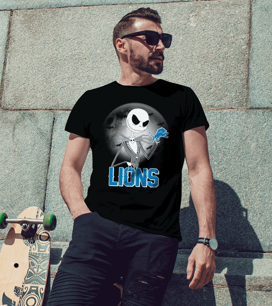 Jack Skellington Detroit Lions Halloween Night Full Moon Bats T-Shirt