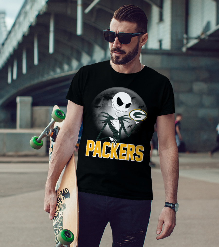 Jack Skellington Green Bay Packers Halloween Moon Bats T-Shirt