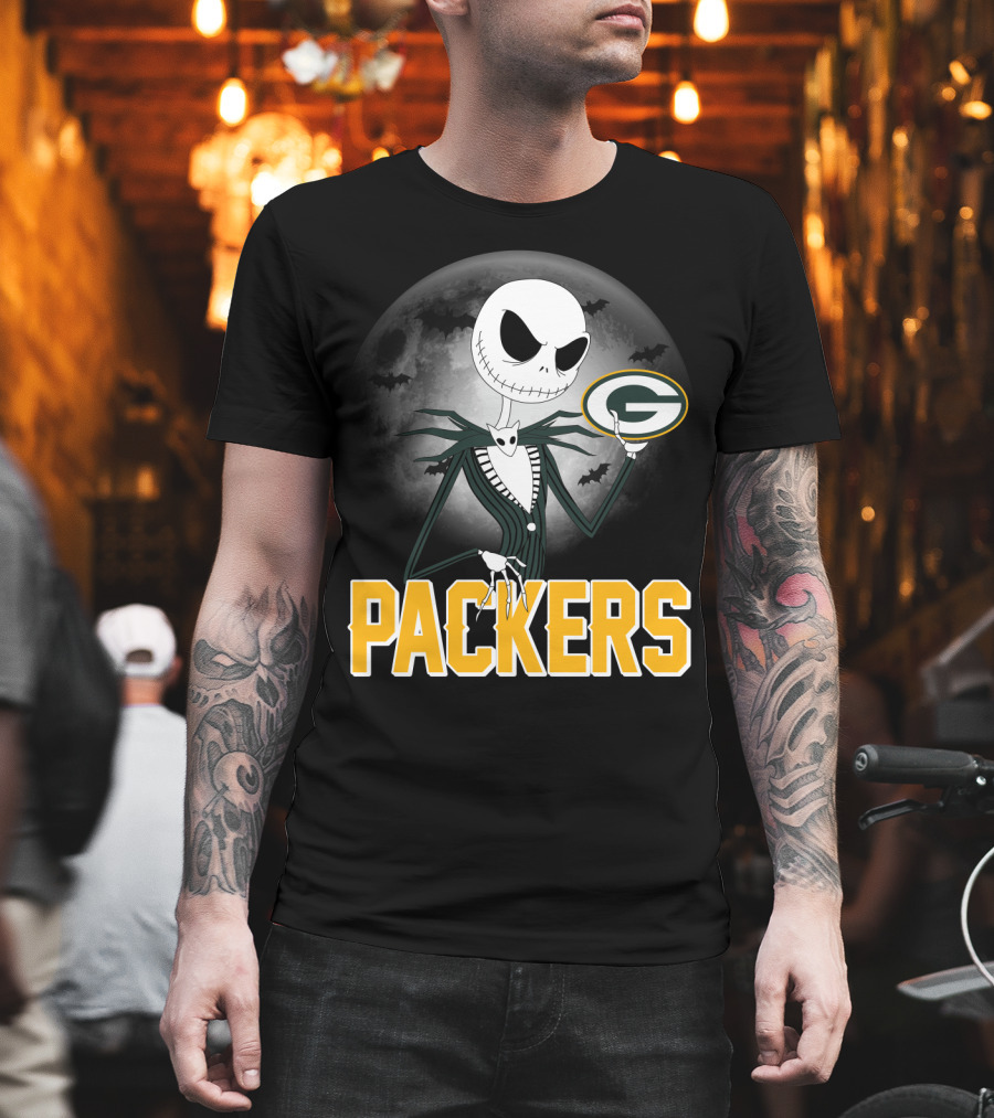 Jack Skellington Green Bay Packers Halloween Moon Bats T-Shirt