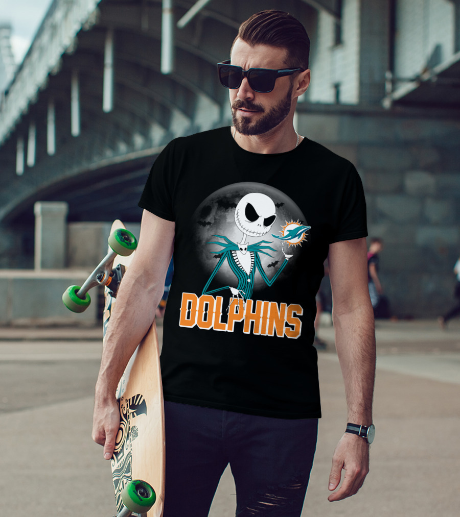 Jack Skellington Dolphins Halloween Miami Logo Moon T-Shirt
