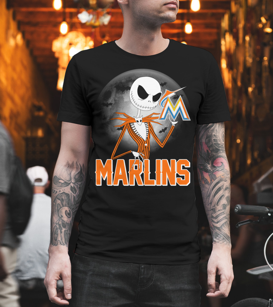 Jack Skellington Miami Marlins Halloween Moon Bat T-Shirt
